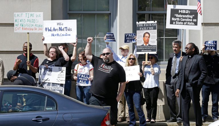 Federal agencies are in the process of reviewing whether any funding they give to North Carolina might be cut off because of the bathroom law, which prohibits transgender people from using the bathroom of their choice. (AP Photo/Gerry Broome)
