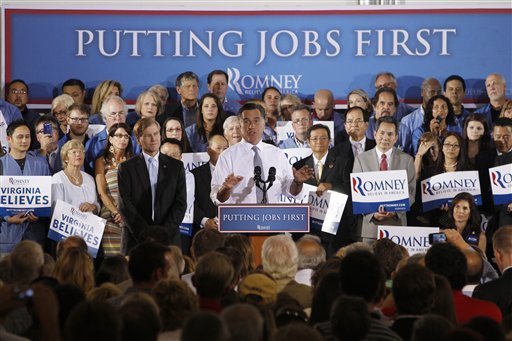 Republican presidential candidate Mitt Romney campaigns with Virginia Gov. Bob McDonnell in Sterling in June. (AP photo)