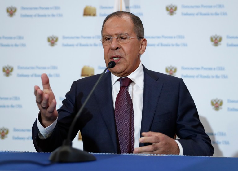 Russian Foreign Minister Sergey Lavrov speaks during a news conference at the Russian Embassy in Washington, Wednesday, May 10, 2017. (AP Photo/Carolyn Kaster)