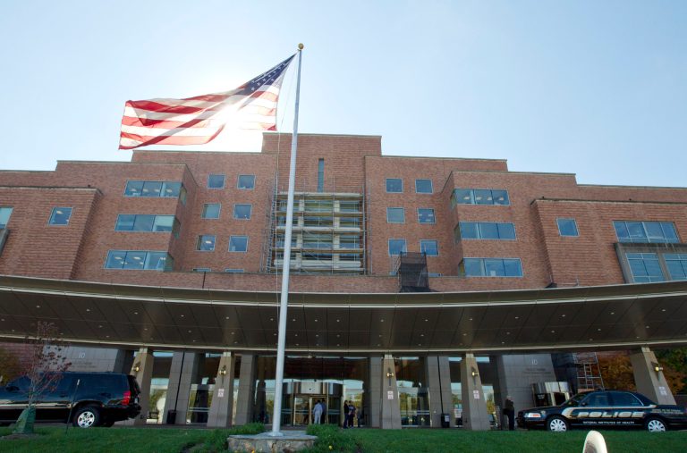 The National Institutes of Health Mark O. Hatfield Clinical Research Center where patients with Ebola are treated is seen here in Bethesda, Md. Friday, Oct. 17, 2014.  The first nurse to be diagnosed with Ebola after treating an infected man at a Dallas hospital has been sitting up and eating and has her iPad after being moved to a specialized isolation unit near Washington, officials said Friday.  (AP Photo/Jose Luis Magana)
