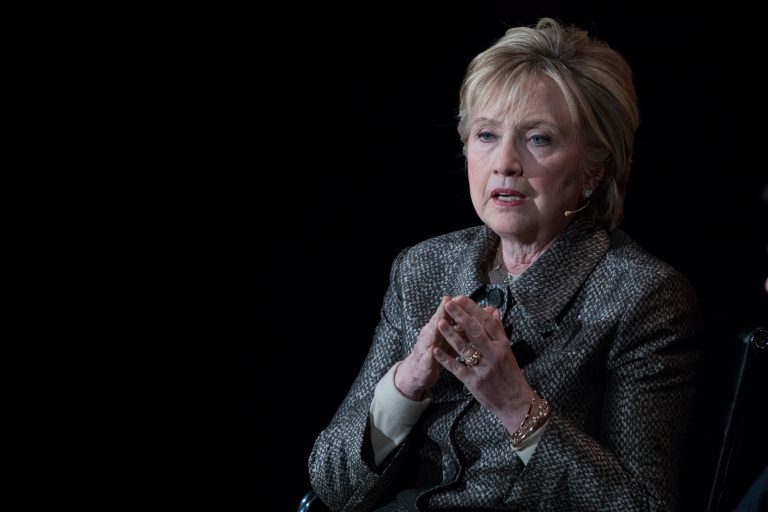 In this photo taken April 6, 2017, former Secretary of State Hillary Clinton speaks in New York. A congressional committee on Thursday, April 27, 2017, asked the Justice Department to consider criminally prosecuting a technology services company that was involved in maintaining a private email server for Hillary Clinton. (AP Photo/Mary Altaffer)