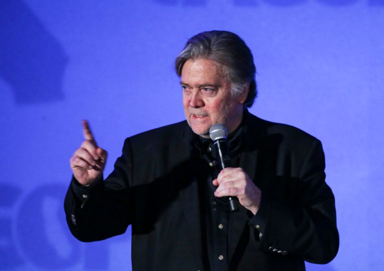 Steve Bannon, former strategist for President Donald Trump, speaks at at the California Republican Convention in Anaheim, Calf., on Friday Oct. 20, 2017. (AP Photo/Ringo H.W. Chiu)