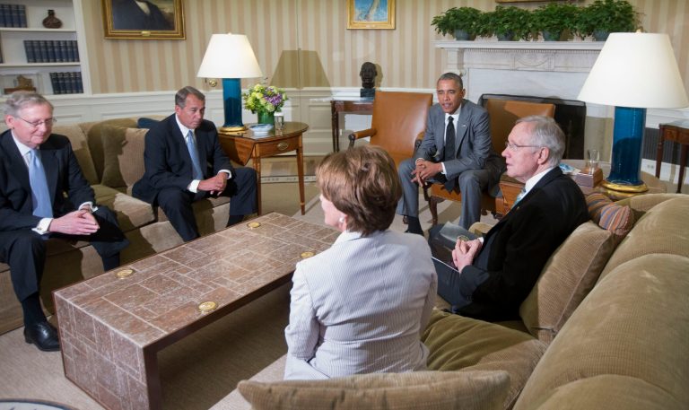 President Barack Obama meets with, from left, Senate Minority Leader Mitch McConnell of Ky., House Speaker John Boehner of Ohio, House Minority Leader Nancy Pelosi of Calif., and Senate Majority Leader Harry Reid of Nev., in the Oval Office of the White House in Washington, Wednesday, June 18, 2014. Obama briefed leaders of Congress on US options for blunting an Islamic insurgency in Iraq. US officials say Obama is not yet prepared to move forward with strikes and is instead focused on increased training for Iraq's security forces, boosting Iraqi intelligence capacities and upgrading equipment. (AP Photo/Pablo Martinez Monsivais)