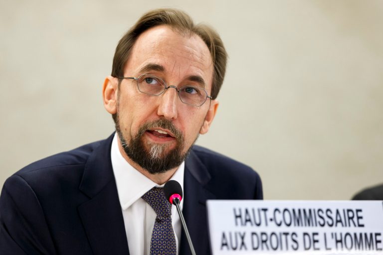 UN High Commissioner for Human Rights Prince Zeid al Hussein of Jordan adresses his first statement in his new role during the 27th session of the Human Rights Council, at the European headquarters of the United Nations in Geneva, Switzerland, Monday, Sept.  8, 2014. (AP Photo/Keystone, Salvatore Di Nolfi)