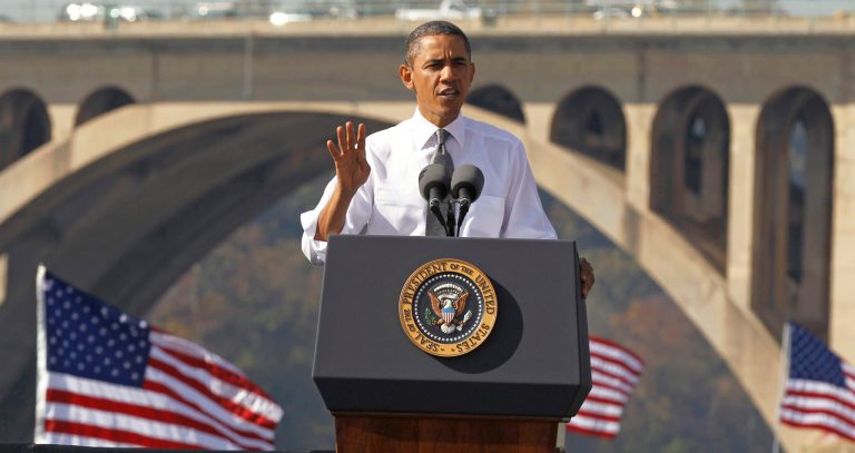 FILE - In this Nov. 2, 2011, file photo, President Barack Obama speaks in front of the Key Bridge in Washington.  White House official says the Obama administration will intensify its efforts to get Congress to pass legislation that pays for roads and bridge repair. (AP Photo/Pablo Martinez Monsivais, File)