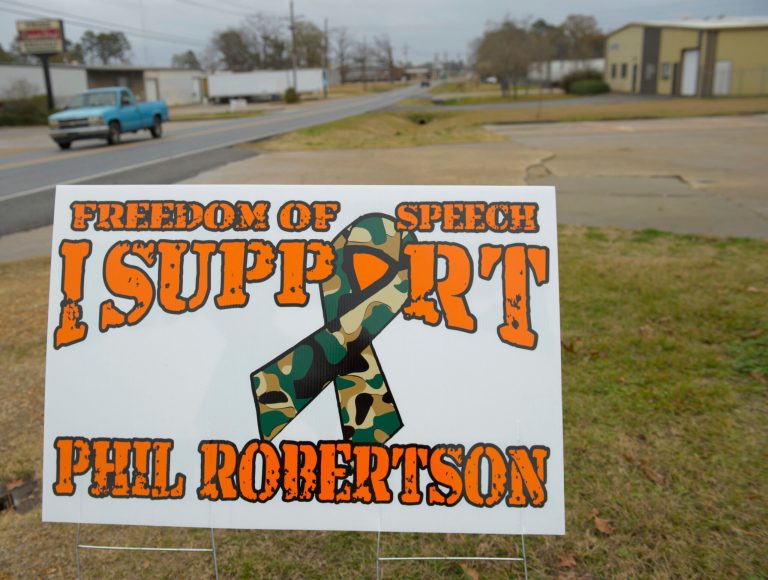 A sign in West Monroe, La., voices support for Phil Robertson, the patriarch of the popular 