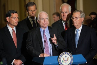 Sen. John McCain, R-Ariz., along with members of the Senate Majority leadership, speaks at a press conference after attending a Senate Republican policy luncheon, Tuesday, June 16. 2015 (Graeme Jennings/WEX)