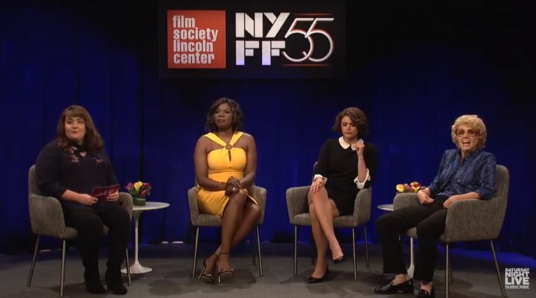 The segment depicted a group of Hollywood actresses sitting down for a women's round-table discussion at the New York Film Festival. (Screen shot)