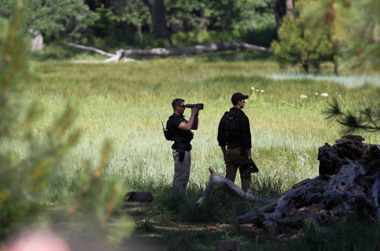 Secret Service scout watch the area before the arrival of President Barack Obama for a press conference in Cook's Meadow with Yosemite Falls on Saturday, June 18, 2016 in Yosemite, Calif. (AP Photo/Gary Kazanjian)