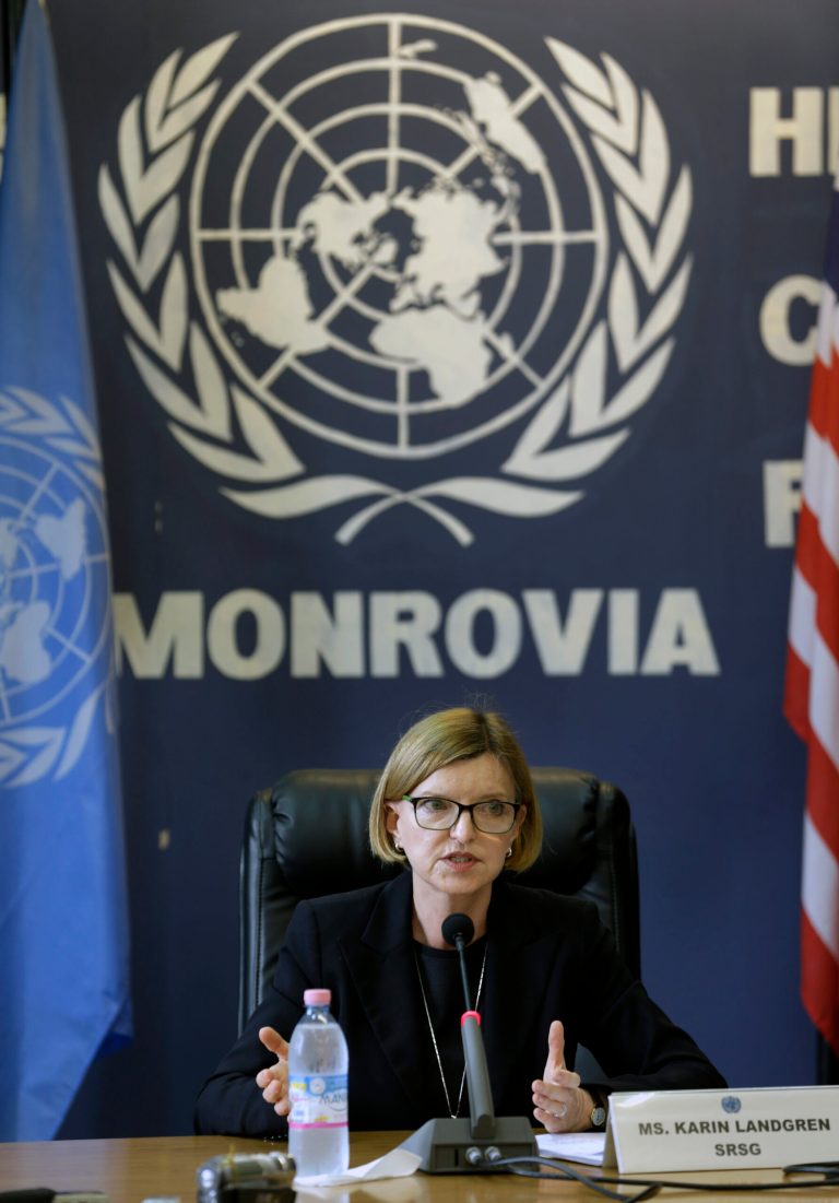 Karin Landgren, Special Representative of the Secretary-General (SRSG) to the United Nations Mission in Liberia (UNMIL), addresses a news conference in Monrovia, Liberia, Wednesday Oct. 1, 2014. Landgren said, speaking about the Ebola crisis: 