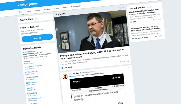 Questions are swirling over social media about Keaton Jones, a young Tennessee boy who was filmed by his mother describing how he was bullied. (Image courtesy screenshot)