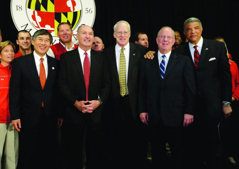 Patrick Semansky/AP
Maryland president Wallace Loh,  Big Ten commissioner James Delany,  Maryland chancellor Brit Kirwin, Board of Regents chairman James Shea and athletic director Kevin Anderson announced Monday the school would move from the ACC to the Big Ten.