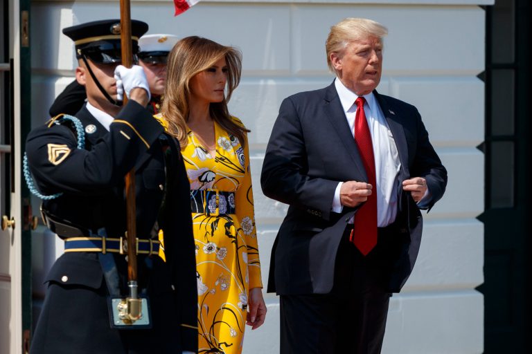 President Donald Trump and first lady Melania Trump walk out of the White House to greet Indian Prime Minister Narendra Modi, Monday, June 26, 2017, in Washington. (AP Photo/Evan Vucci)