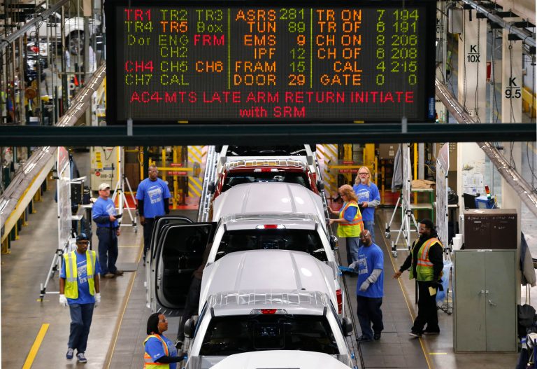 2015 Ford F-150s move along the production line at the Dearborn Truck Plant in Dearborn, Mich. (AP/Paul Sancya)
