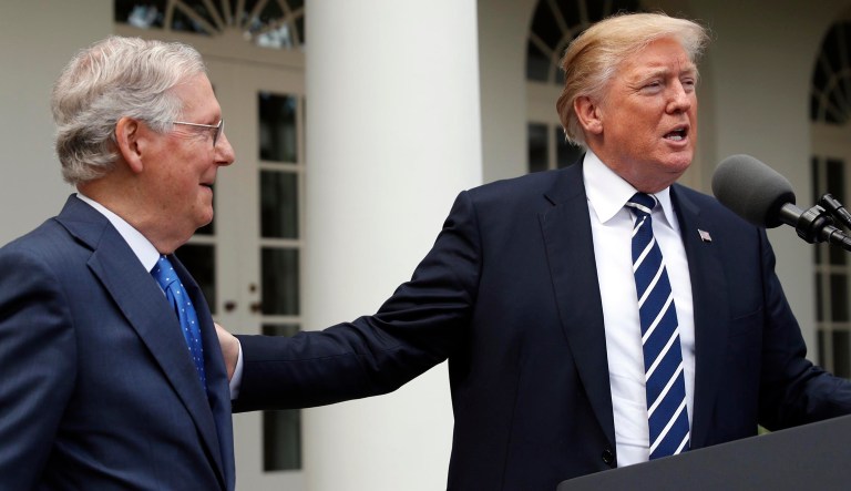 New ads funded by the Judicial Crisis Network thank President Trump and Senate Majority Leader Mitch McConnell, R-Ky., for their work to seat conservative judges on the bench. (AP Photo/Alex Brandon)