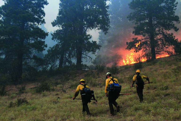 Three members of the Washington Department of Natural Resources make their way into a flaming patch of woods at the scene of a forest fire Monday, Aug. 13, 2012, near Cle Elum, Wash. By 8 PM, the fire had consumed over 2800 acres of land and residents from all over the county were in the process of being evacuated. (AP Photo/The Seattle Times, Jordan Stead) MAGS OUT; NO SALES; SEATTLEPI.COM OUT; MANDATORY CREDIT MANDATORY CREDIT TO: JORDAN STEAD/THE SEATTLE TIMES.