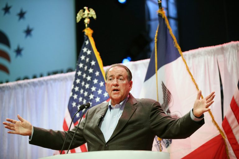 Former Arkansas Governor Mike Huckabee speaks to guests gathered at the Point of Grace Church for the Iowa Faith and Freedom Coalition 2015 Spring Kickoff on April 25, 2015 in Waukee, Iowa. (Photo by Scott Olson/Getty Images)