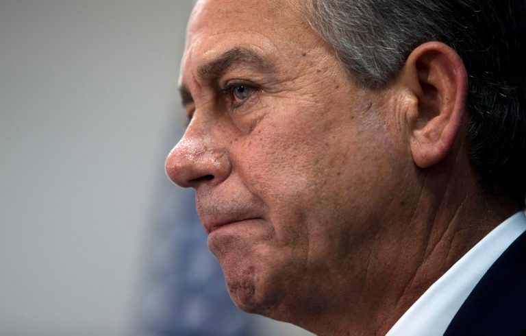 House Speaker John Boehner of Ohio pauses during a news conference after a House Republican conference meeting, on Capitol Hill in Washington, Tuesday, Oct. 8, 2013. Democrats controlling the Senate plan to move quickly toward a vote to allow the government to borrow more money, challenging Republicans to a filibuster showdown as the time remaining to stop a first-ever default on U.S. obligations ticks by.   (AP Photo/ Evan Vucci)