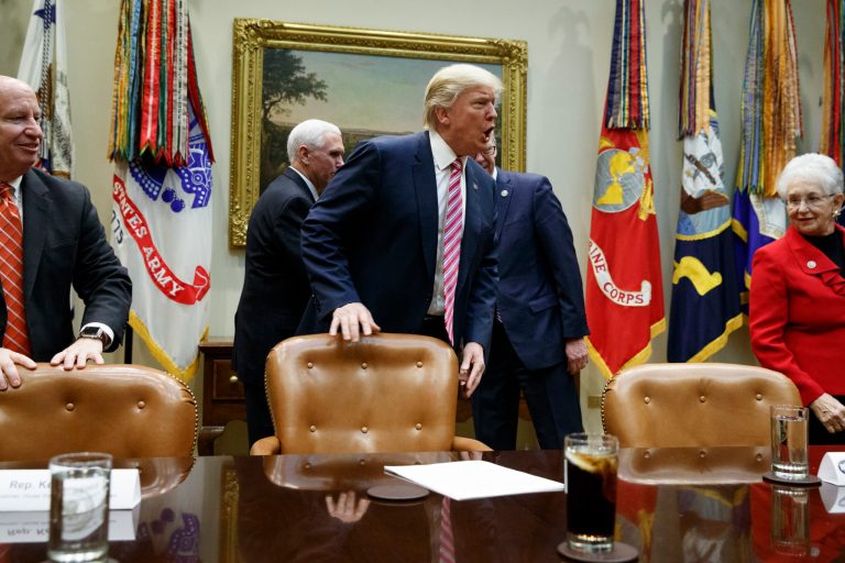President Donald Trump arrives for a meeting on healthcare in the Roosevelt Room of the White House in Washington, Friday, March 10, 2017. From left are, House Ways and Means Committee Chairman Rep. Kevin Brady, R-Texas, Vice President Mike Pence, the president, House Energy and Commerce Committee Chairman Rep. Greg Walden, R-Ore. and House Education and Workforce Committee Chairwoman Rep. Virginia Foxx, R-N.C. (AP Photo/Evan Vucci)