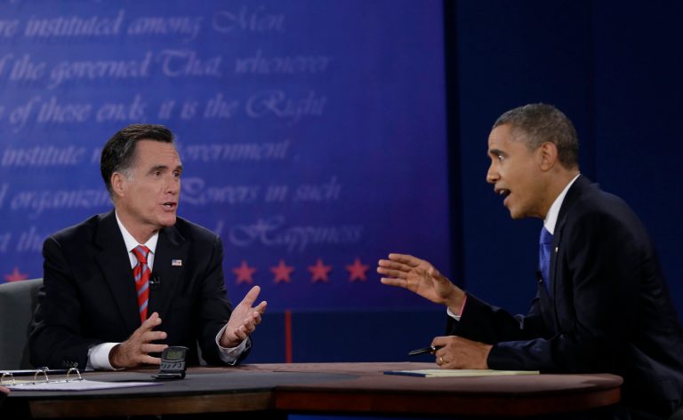 President Obama, right, and Republican presidential nominee Mitt Romney discuss a point during the third presidential debate at Lynn University on Oct. 22, 2012, in Boca Raton, Fla. (AP/Eric Gay)