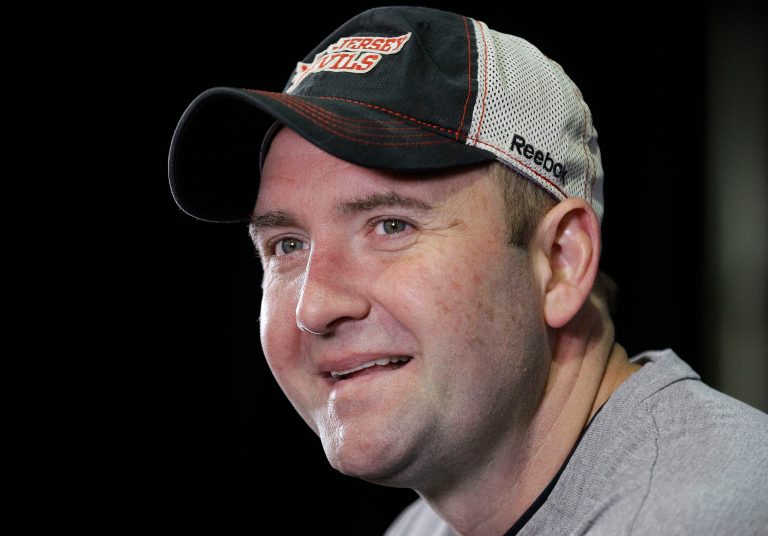  New Jersey Devils coach Peter DeBoer answers questions from the media during a news conference at the NHL hockey Stanley Cup finals, Tuesday, June 5, 2012, in Los Angeles. The Devils trail the Los Angeles Kings 3-0 in the best-of-seven games series. Game 4 is scheduled for Wednesday. (AP Photo/Julie Jacobson)  