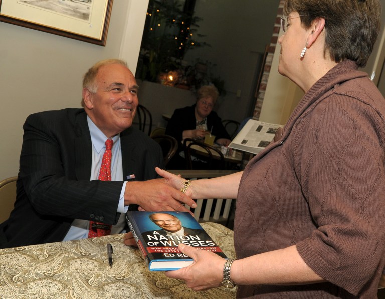 Former Pennsylvania Gov. Ed Rendell Shakes hands with Janie Hecker during a signing for his book âA Nation of Wussesâ at the Moravian Book Shop in Bethlehem, Pa., Saturday, June 16, 2012. (AP Photo/The Express-Times, Matt Smith)