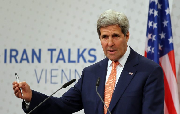 U.S. Secretary of State John Kerry speaking to the media after closed-door nuclear talks on Iran take place in Vienna, Austria, Tuesday, July 15, 2014. (AP Photo/Ronald Zak)