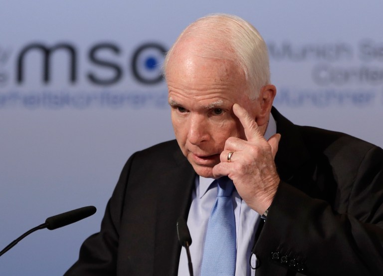 Sen. John McCain, R-Ariz., is holding President Trump's feet to the fire after the top Republican alleged his Democratic predecessor wiretapped his campaign last October. (AP Photo/Matthias Schrader)