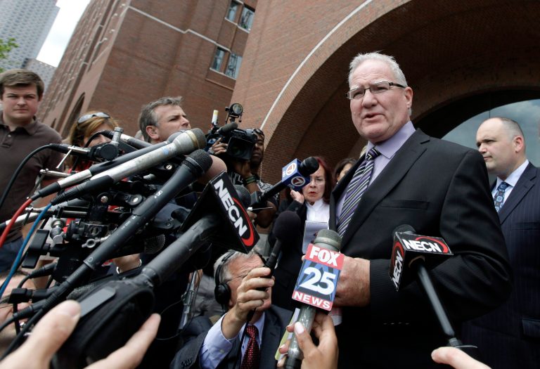   Defense attorney Kevin Reddington speaks to media outside federal court in Boston Tuesday, June 12, 2012, after Catherine Greig, who spent 16 years on the run with former Boston mobster James 