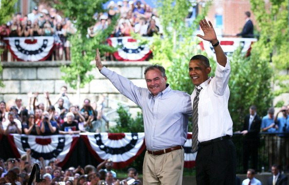 President Barack Obama (R) and Democratic U.S. Senate candidate and former Virginia Governor Tim Kaine (R) wave to supporters during a campaign event in Charlottesville. (Getty Images)