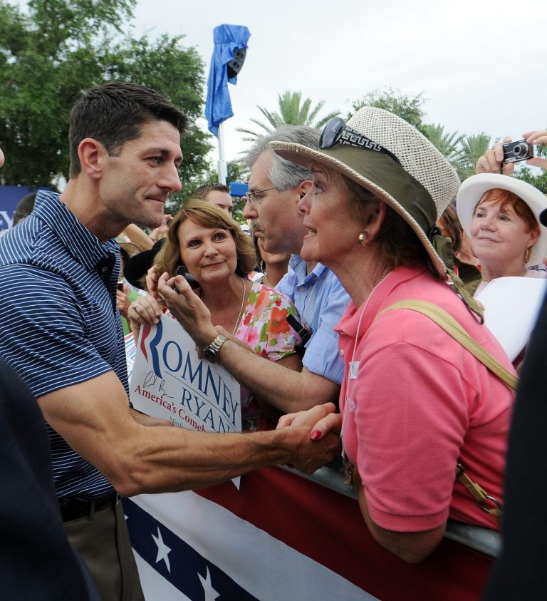 THE VILLAGES, FL - AUGUST 18:  Republican Vice Presidential candidate, U.S. Rep. Paul Ryan (R-WI) greets supporters during the Victory Rally in Florida at Town Square, Lake Sumter Landing on August 18, 2012 in The Villages, Florida. Ryan spoke about his family's reliance on Medicare. (Photo by Gerardo Mora/Getty Images)