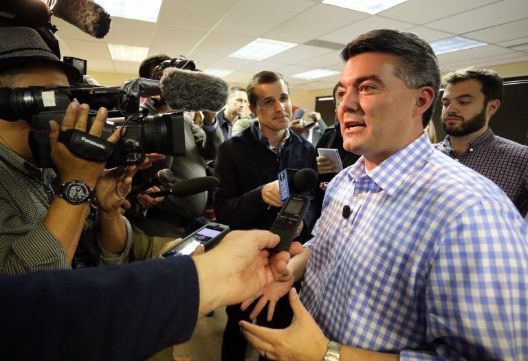 Republican Senate candidate U.S. Rep. Cory Gardner speaks to members of the media during a visit to GOP campaign headquarters, in Greenwood Village, Colo., Monday. (AP/Brennan Linsley)