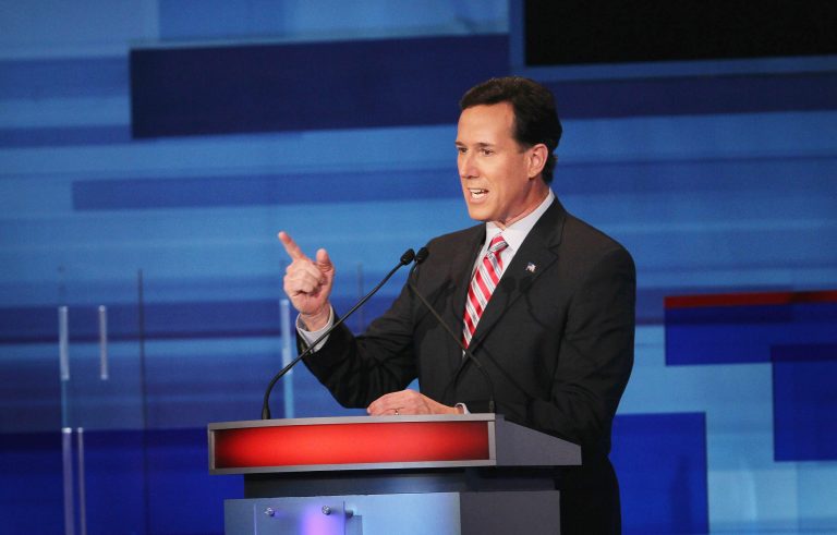 Former U.S. Sen. Rick SantorumÂ fields a question during the Fox News Channel debate at the Sioux City Convention Center on December 15, 2011 in Sioux City, Iowa. Santorum is not a fan of Fox News' decision to only allow the top-10 polling candidates to participate in its upcoming GOP debate. (Photo by Justin Sullivan/Getty Images)