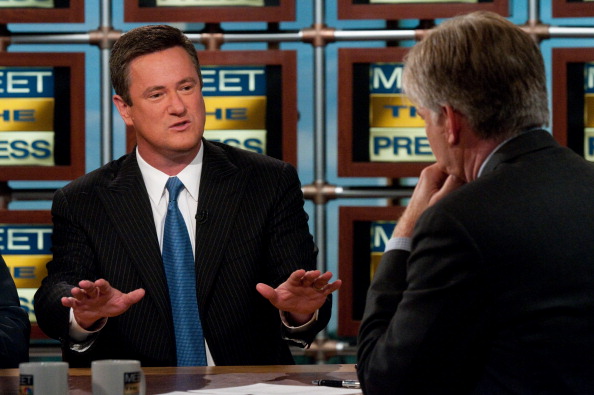 Joe Scarborough, host of MSNBC's 'Morning Joe' facing, and moderator David Gregory, right, appear on 'Meet the Press' in Washington, D.C., Sunday August 23, 2009. (Photo by William B. Plowman/NBC/NBCU Photo Bank via Getty images)