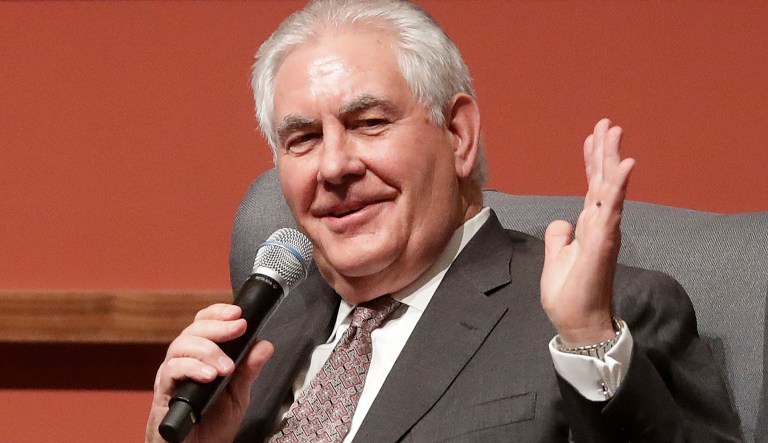 U.S. Secretary of State Rex Tillerson speaks to the Hoover Institution at Stanford University in Stanford, Calif., Wednesday, Jan. 17, 2018. Tillerson says it's crucial for the U.S. to maintain a military presence in Syria to prevent the Islamic State group's resurgence. (AP Photo/Jeff Chiu)