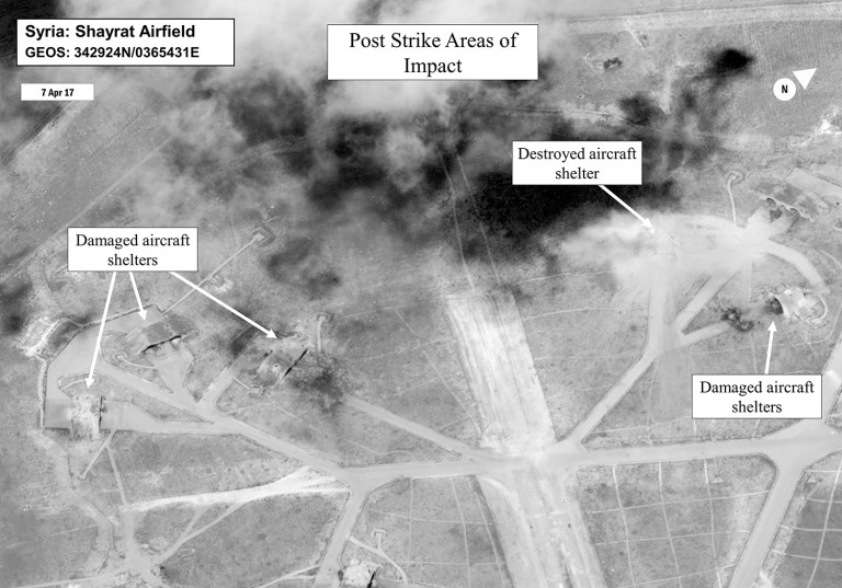Last week's cruise missile strike took out 20 percent of Syria's operational military aircraft, Defense Secretary Jim Mattis said in a statement. (DigitalGlobe/U.S. Department of Defense via AP)