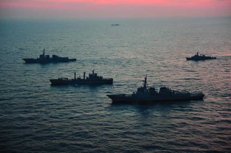 In this photo released by South Korean Joint Chiefs of Staff via Yonhap, South Korean and U.S. warships participate in their joint military drills in South Korea's East Sea on Monday, Feb. 4, 2013. South Korean and U.S. troops began naval drills Monday in a show of force partly directed at North Korea amid signs that Pyongyang will soon carry out a threat to conduct its third atomic test. (AP Photo/South Korean Joint Chiefs of Staff via Yonhap) KOREA OUT
