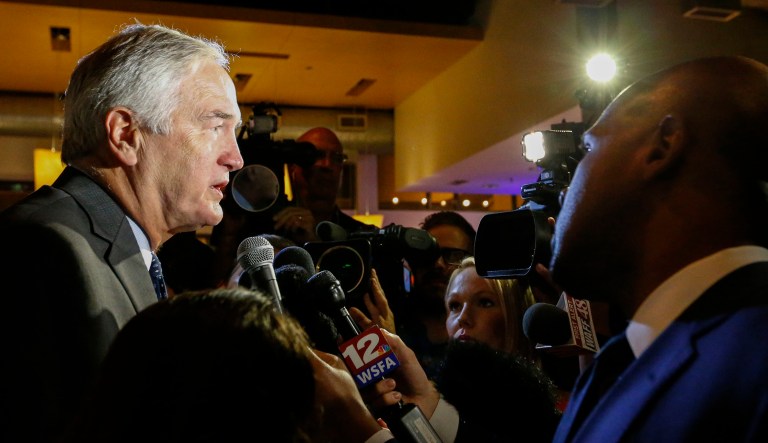 Sen. Luther Strange trails Roy Moore by 4 percentage points in a new poll shared first with the Washington Examiner, putting him within striking distance of the former chief justice of the Alabama Supreme Court in a special GOP primary election runoff nearly five weeks before Election Day. (AP Photo/Butch Dill)