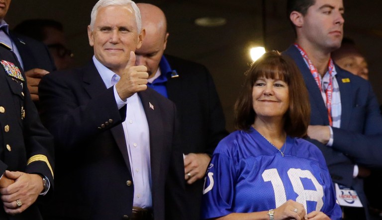 Vice President Mike Pence reacts to fans before an NFL football game between the Indianapolis Colts and the San Francisco 49ers, Sunday, Oct. 8, 2017, in Indianapolis. (AP Photo/Michael Conroy)