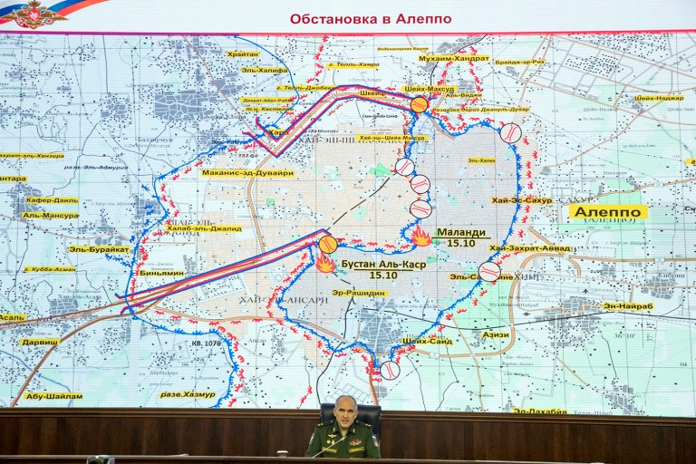 Lt. Gen. Sergei Rudskoi of the Russian military's General Staff was quoted as saying Monday that Russian and Syrian forces will halt their fighting from 8 a.m. to 4 p.m. on Oct. 20 in order to allow civilians and rebels safe passage out of the city as well as for the evacuation of the sick and wounded.(AP Photo/Pavel Golovkin)