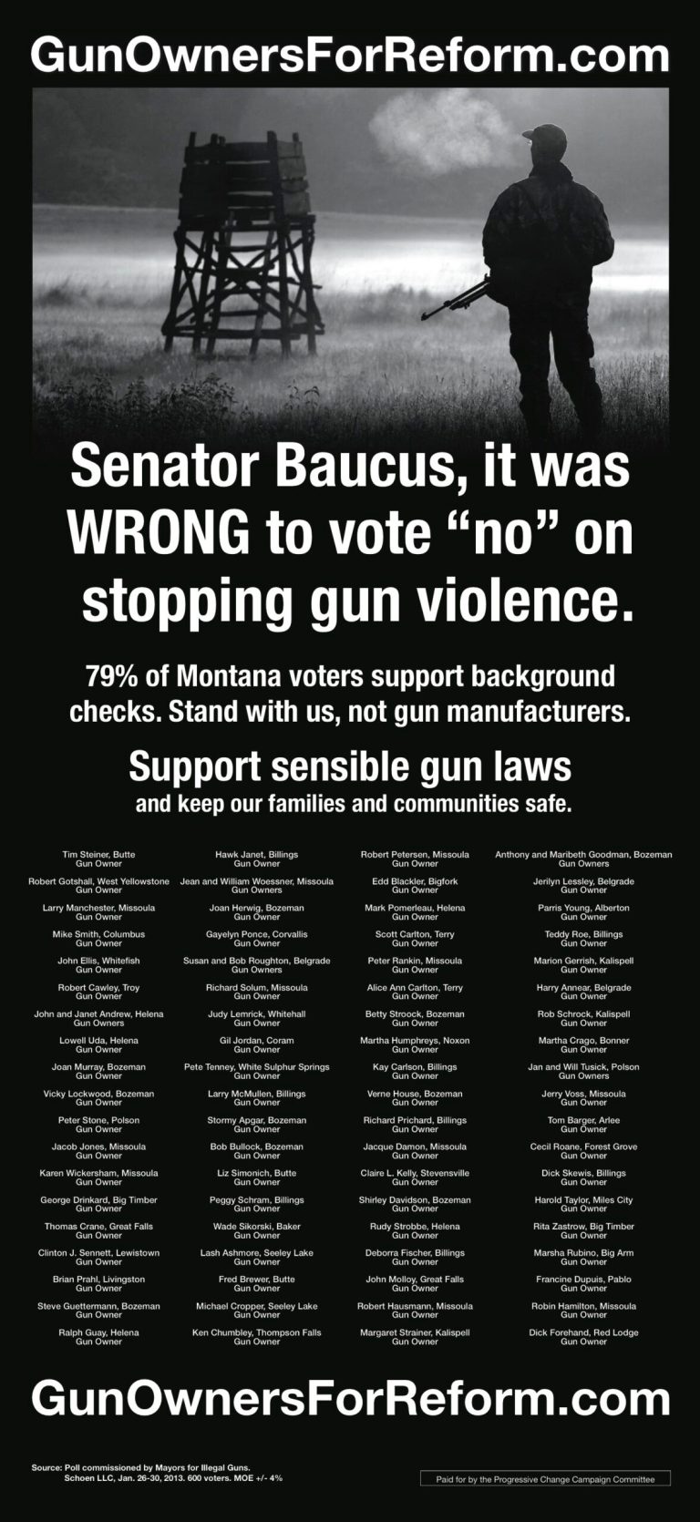 Liberal group unveils ad targeting Senator Baucus for gun bill vote