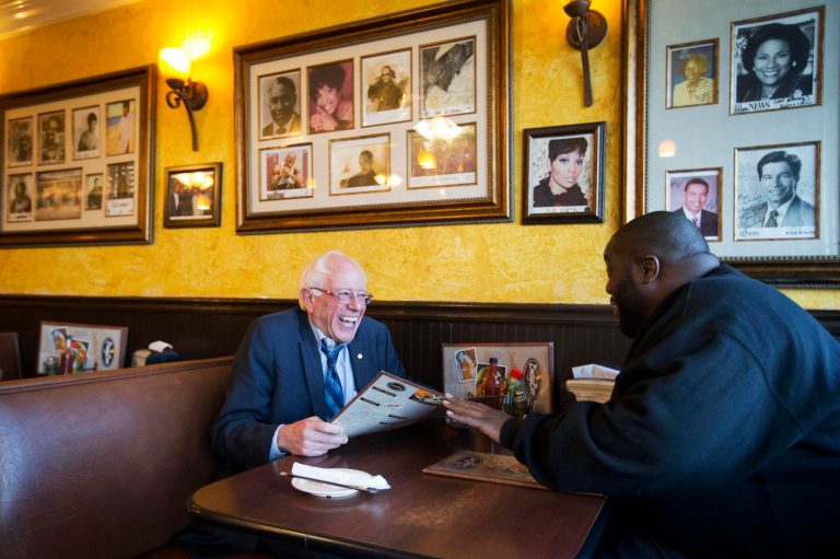 Sen. Bernie Sanders dined at a local Atlanta restaurant with Killer Mike and then visited the burial site of Martin Luther King Jr. and Coretta Scott King. (AP Photo/David Goldman)