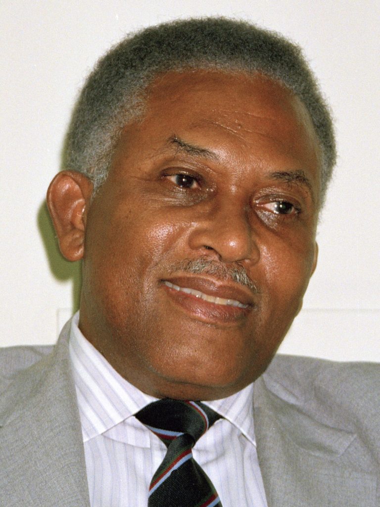 FILE - This June 1991 file photo shows Trinidad and Tobago Prime Minister Arthur Raymond Robinson. The former Trinidad leader shot during a bloody 1990 coup attempt, has died. He was 87. National Security Minister Gary Griffith said Robinson died Wednesday after being hospitalized for diabetes complications. (AP Photo/Robert Glass, File)
