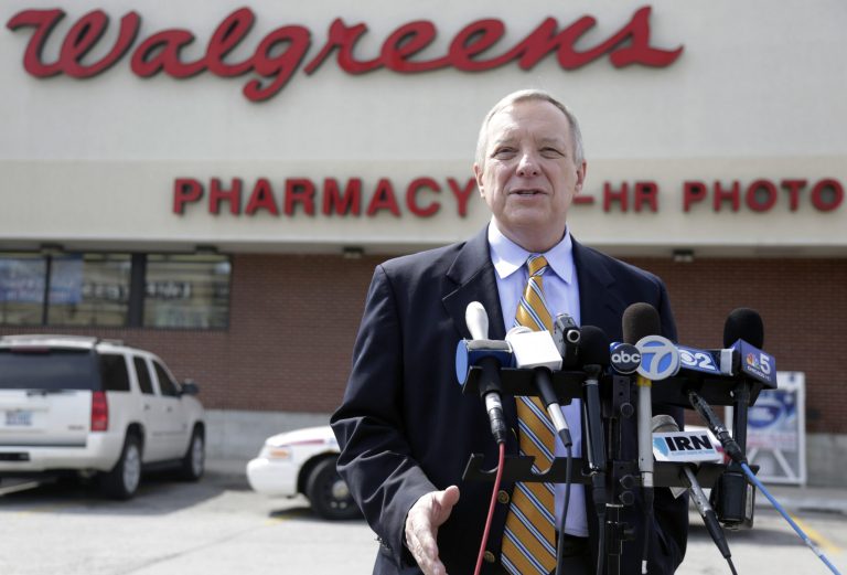 U.S. Sen. Dick Durbin, D-Ill. speaks during a news conference outside a Walgreen's drugstore Wednesday, Aug. 6, 2014, in Chicago. Durbin praised Walgreen, the nation's largest drugstore chain, for declining to pursue an overseas reorganization to trim its U.S. taxes. (AP Photo/M. Spencer Green)