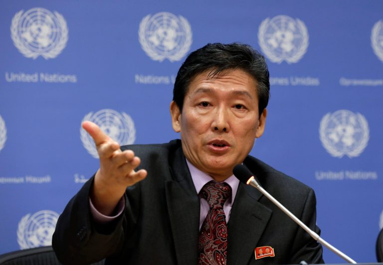 FILE - In this March 24, 2014, file photo, North Korea's deputy U.N. ambassador Ri Tong Il, responds to a question during his news conference at United Nations headquarters. North Korea publicly acknowledged the existence of its labor camps for the first time Tuesday, Oct. 7, an admission that appeared to come in response to a highly critical U.N. human rights report earlier this year. The deputy U.N. ambassador said the secretary of his country's ruling Workers' Party had visited the EU, and that 