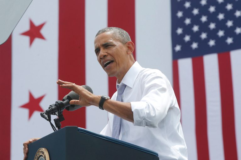 President Barack Obama speaks about transportation and the economy, Tuesday, July 1, 2014, at the Georgetown Waterfront Park in Washington. The president said 700,000 jobs could be at risk next year if Congress doesn't quickly agree on how to pay for highway and transit programs.  (AP Photo/Charles Dharapak)