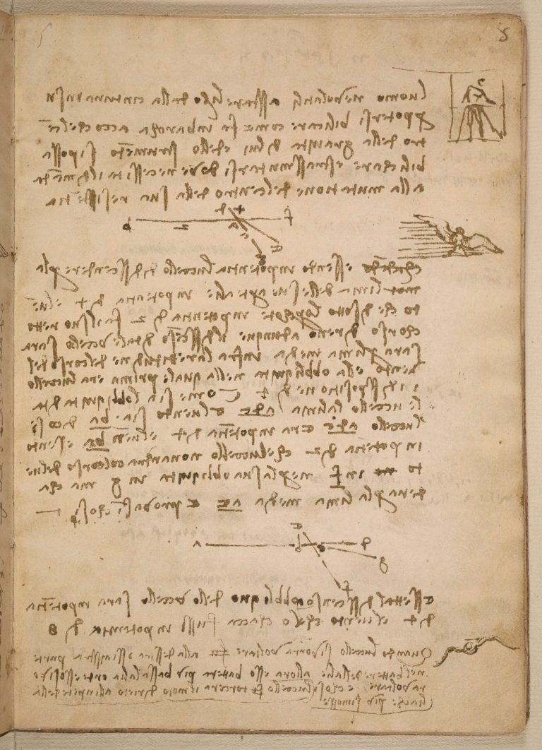   This image provided by the Smithsonian Institution Libraries shows a page from the 1505 notebook that shows a proposed pilot's position in a flying machine, upper right. Leonardo da Vinciâs early sketches of human flight some 400 years before the airplaneâs invention will make a rare visit to the Smithsonianâs National Air and Space Museum in Washington. The museum announced Thursday that it will display da Vinciâs âCodex on the Flight of Birdsâ between Sept. 13 and Oct. 22. The notebook from 1505 includes the famous artistâs study of birds and his descriptions of how humans could one day fly. (AP Photo/Smithsonian Institution Libraries)  