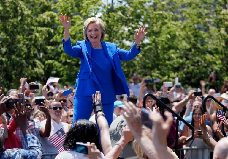 Democratic presidential candidate, former Secretary of State Hillary Rodham Clinton arrives to speak to supporters Saturday, June 13, 2015, on Roosevelt Island in New York. (AP Photo/Julio Cortez)