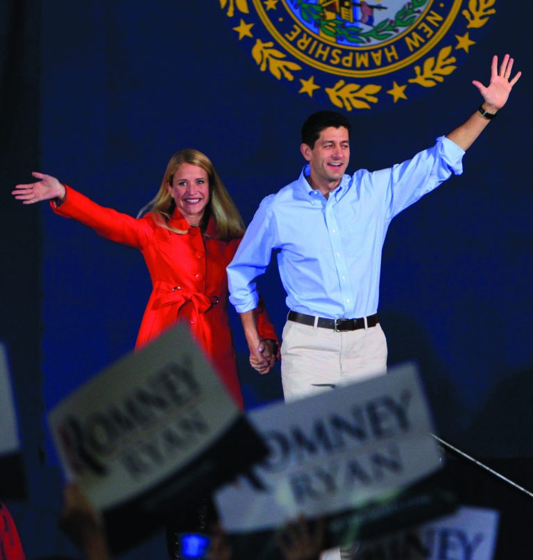 Republican Vice Presidential candidate Paul Ryan and his wife Janna wave as they arrive to a campaign event, Saturday, Sept. 29, 2012 in Derry, N.H. (AP Photo/Jim Cole)