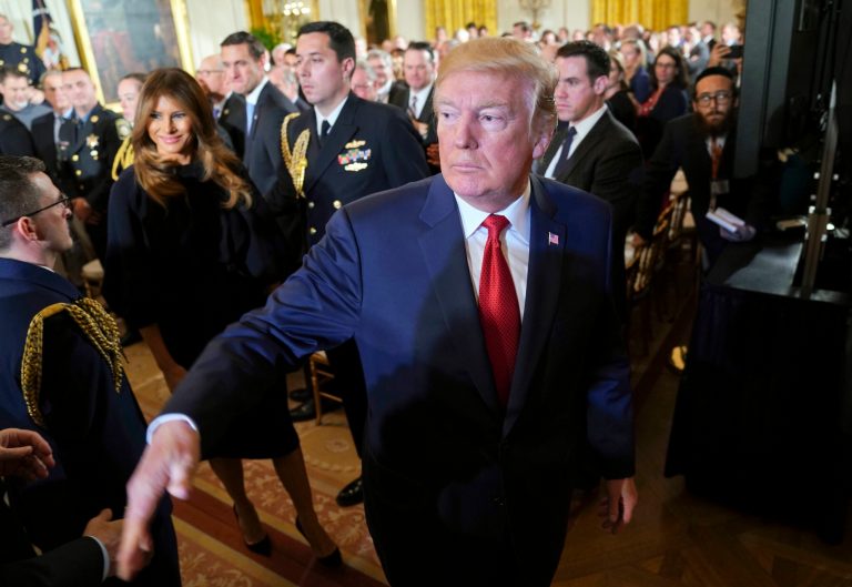 FILE - In this Thursday, Oct. 26, 2017 file photo, President Donald Trump and first lady Melania Trump, left, leave the East Room of the White House in Washington, after speaking on the opioid crisis. (AP Photo/Pablo Martinez Monsivais)